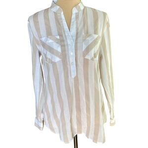 Eden & Olivia Anthropologie Henley Blouse Women S Cream Tan Stripe Tunic Coastal